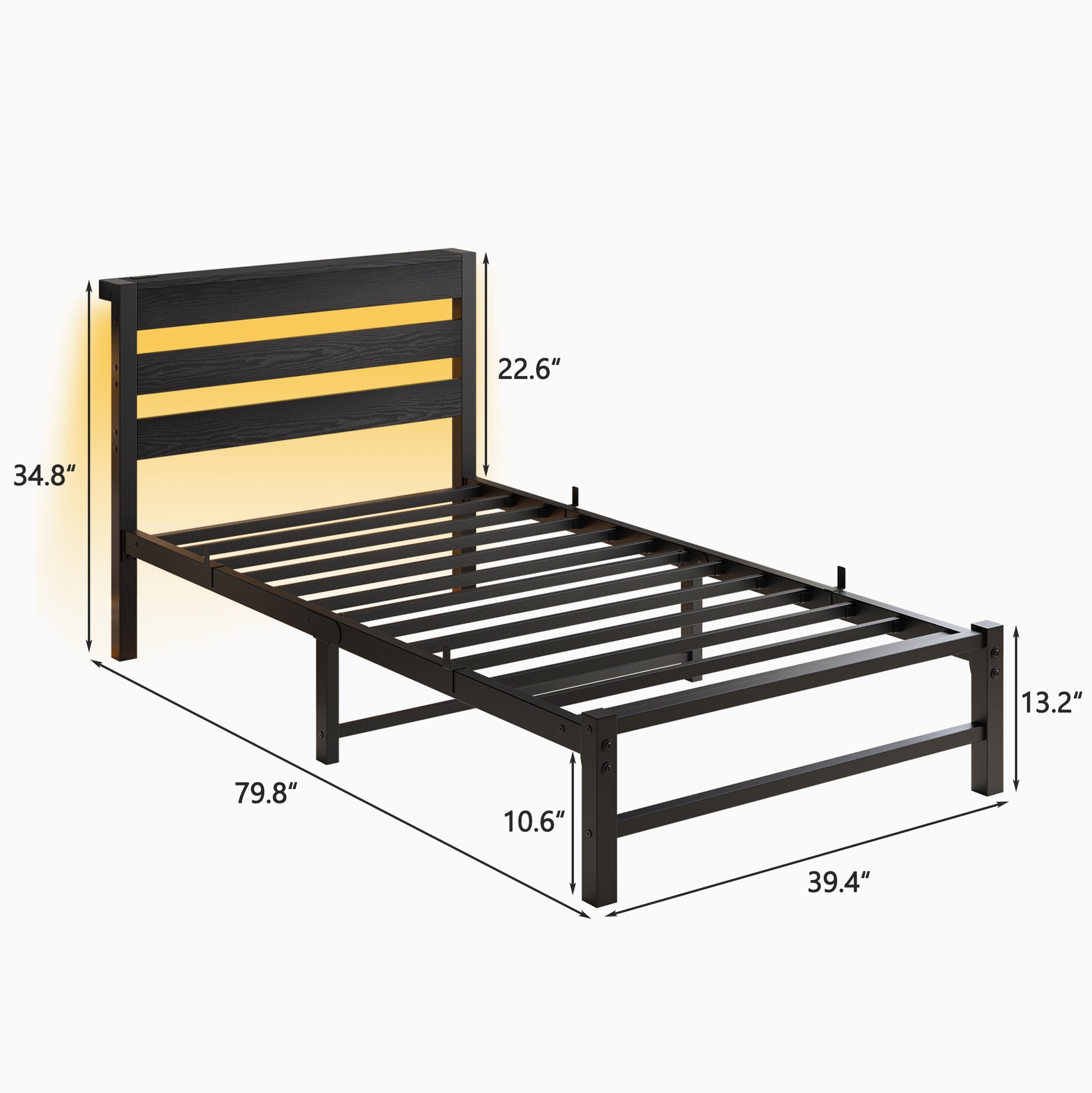 Twin Size Bed Frame Heavy Duty Platform Bed Frame With Headboard, Usb Charging Station, Led Bed, No Box Spring Needed, Mattress Foundation, Strong Steel Slats, Noise Free, Black Box Spring Not Required Twin Black Metal Bedroom Antique,Classic,Modern Bed