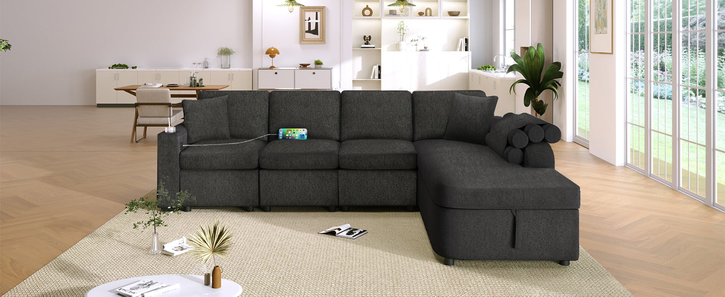 109.8"L Shaped Couch Sectional Sofa With Storage Chaise,Cup Holder And Usb Ports For Living Room, Black Black Foam Chenille 4 Seat