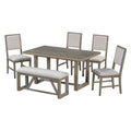 6 Piece Retro Dining Set, 1 Rectangular Table With Designed Trestle Base And 4 Upholstered Chairs And 1 Bench For Dining Room And Kitchen Gray Gray Solid Wood Mdf