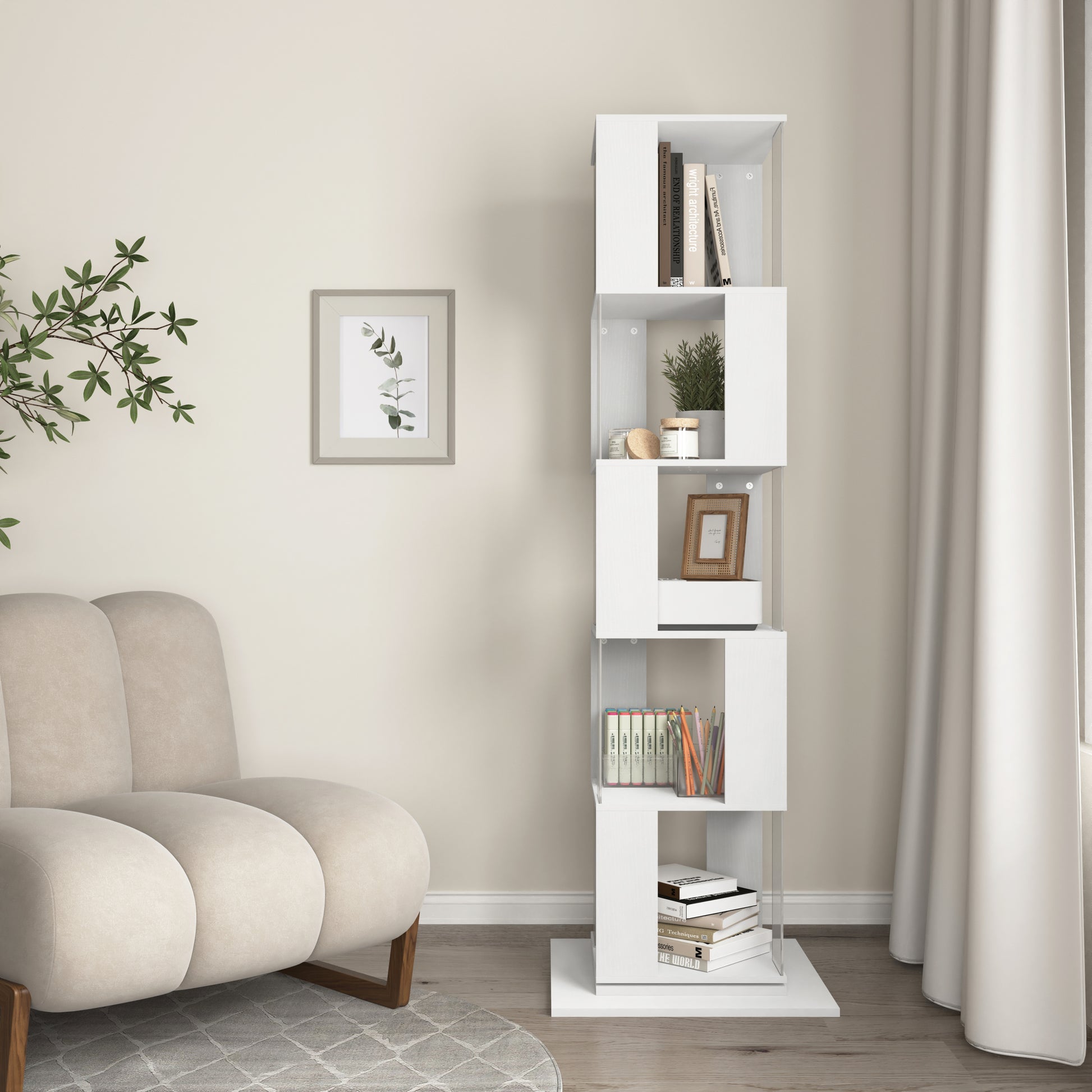 5 Tier Rotating Bookshelf, Floor Rack Simple Bookcase With Acrylic Plate Student Multi Function Creative Bookshelf For Living Room With Anti Toppling Base White Particle Board