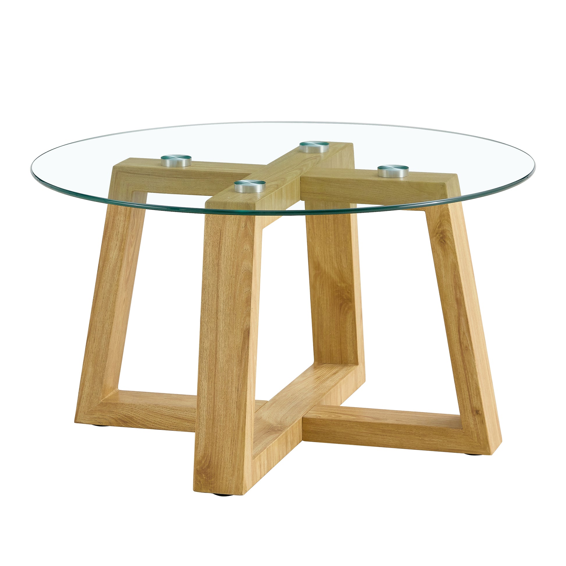 Modern Practical Circular Coffee Tables. Made Of Transparent Tempered Glass Tabletop And Wood Colored Mdf Material. Suitable For Living Rooms And Bedrooms.31.5"*31.5"*17.7" Transparent Glass