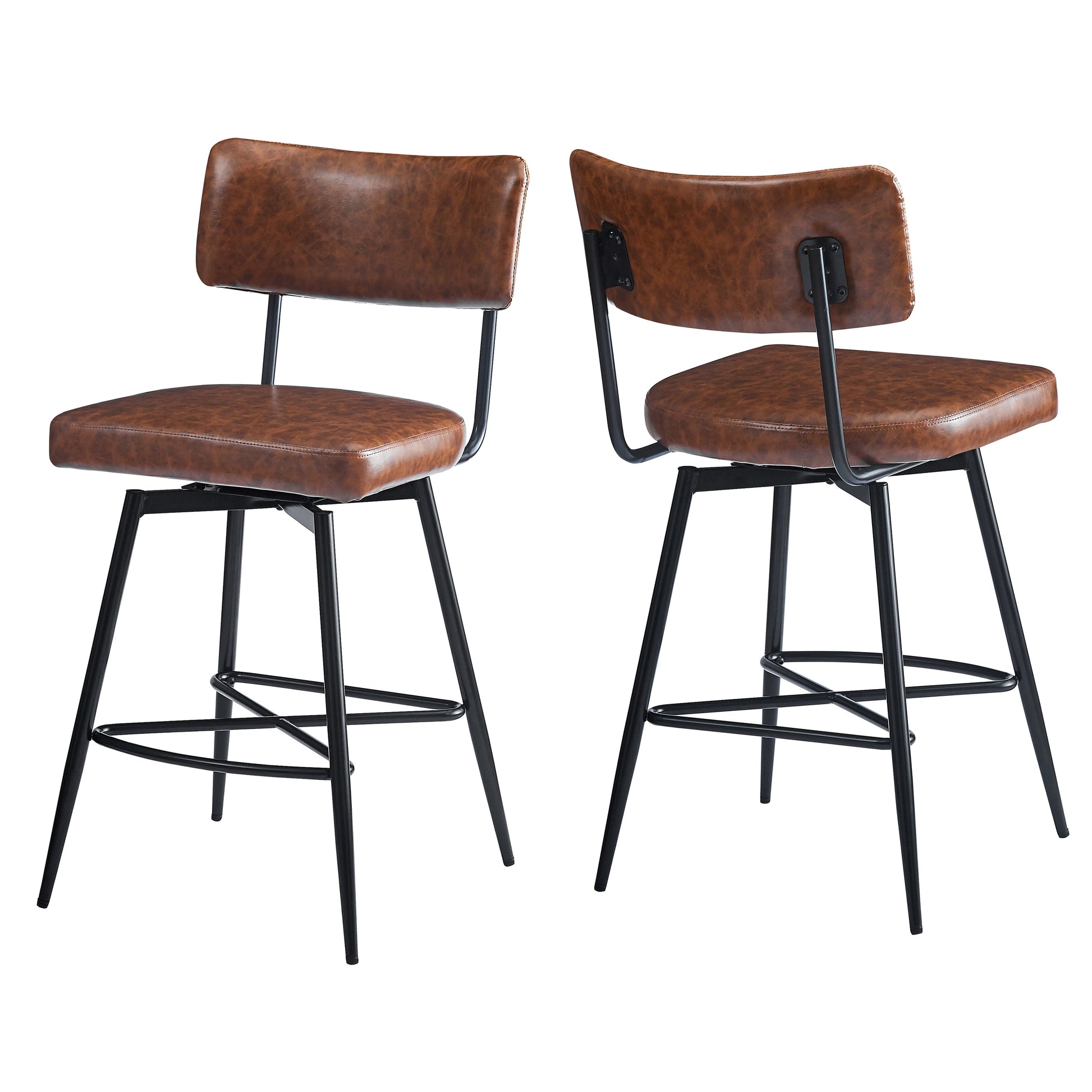 26''Retro Swivel Counter Stools Set Of 2,Brown Counter Stools With Iron Frame,Pu Sponge Cushion,Footrest,Suitable For Kitchen Bedroom Dining Room. Iron Brown Pu Kitchen Sponge Retro Set Of 2 Fiber