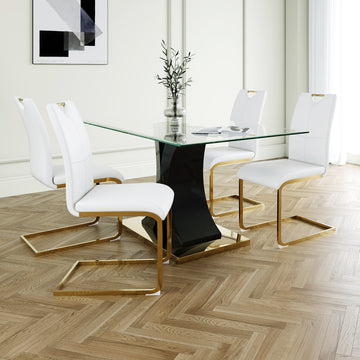 Modern Style Glass Dining Table, Elegant Transparent Design, Solid Support Base, White Dining Chair Set, Gold Plated Legs, Suitable For Restaurant Kitchen Use Set Of 5 White Gold Seats 4 Mdf Glass