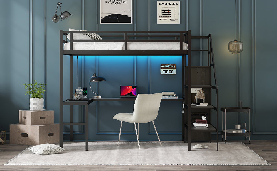 Full Size Loft Bed With L Shaped Desk And Usb, Metal Loft Bed With Wardrobe And Adjustable Shelf, High Loft Bed With Led For Kids Teens Adults, Black Full Black Metal