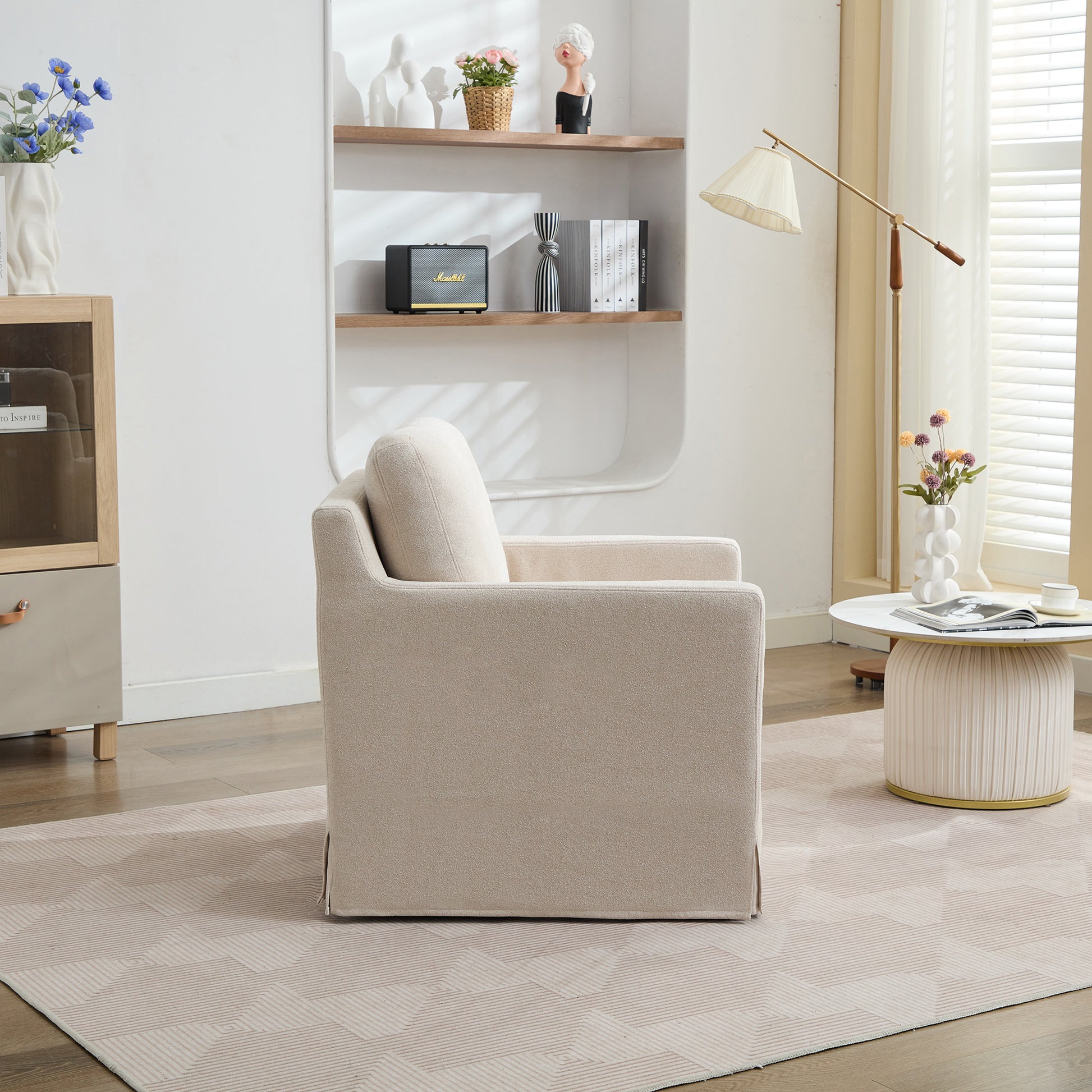 29.92'' Swivel Accent Chair, Upholstered Skirted Swivel Chair With Removable Back Cushion, 360 Degree Comfy Armchair For Living Room, Nursery, Lounge,Office,Beige Chenille Beige Chenille