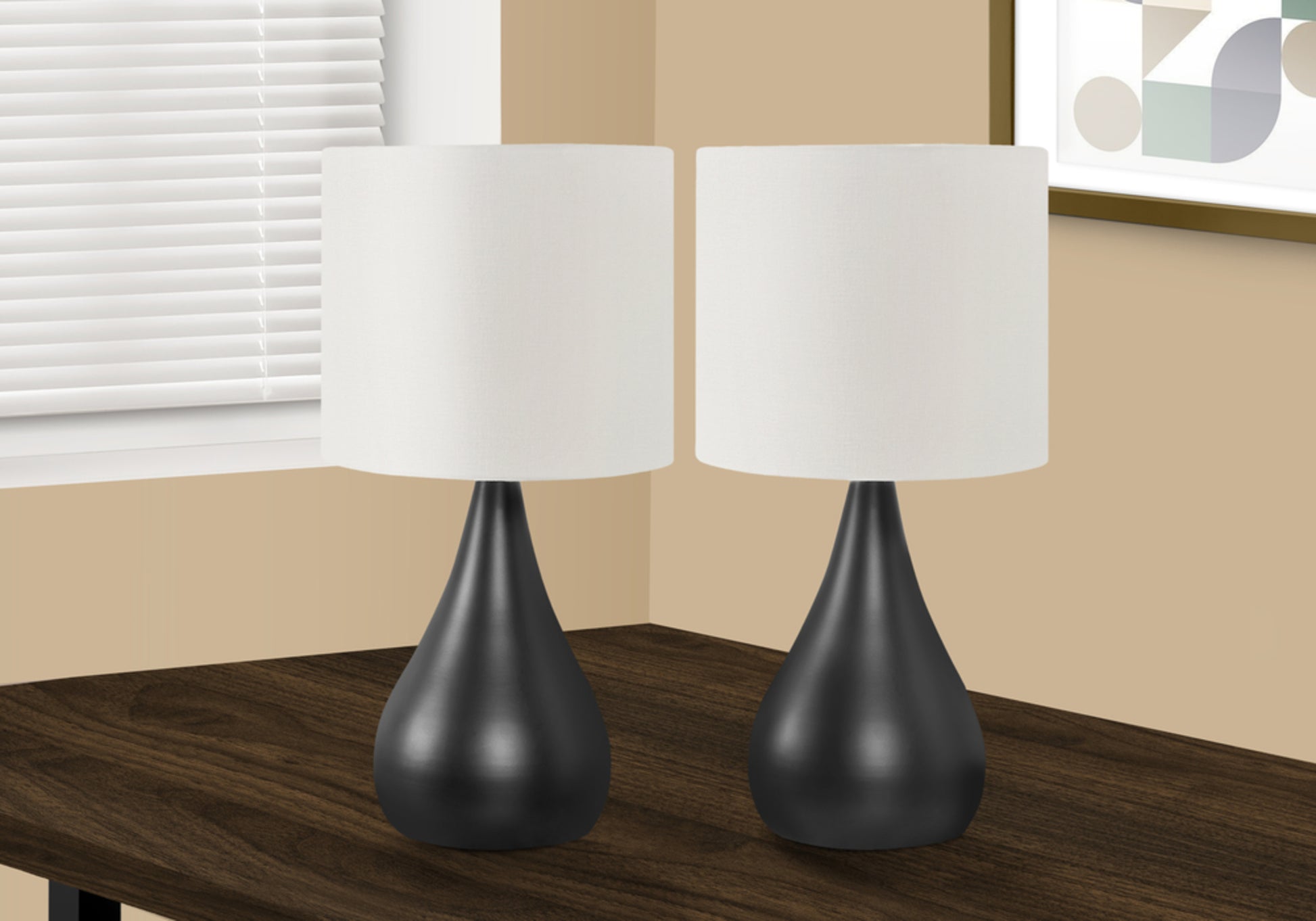 Lighting, Set Of 2, 18"H, Table Lamp, Black Metal, Ivory Cream Shade, Contemporary Black Metal