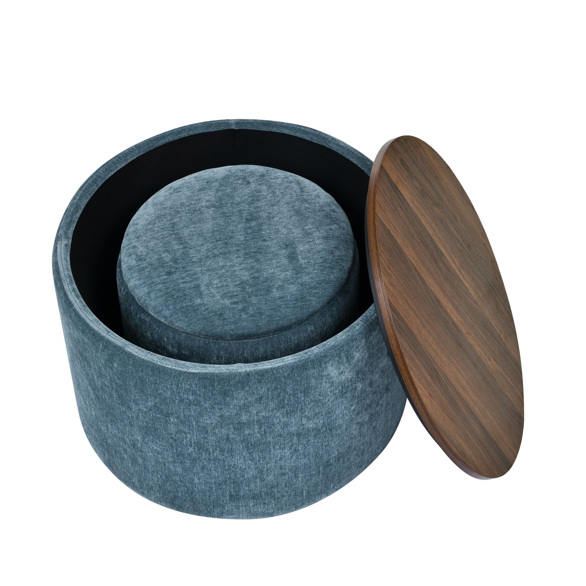 2 Piece Set Round Chenille Storage Ottoman, Equipped With A Drum Shaped Small Stool, Storage Space, And Mdf Made Desktop Panel Dark Blue23.62"X23.62"X16.53" Dark Blue Chenille