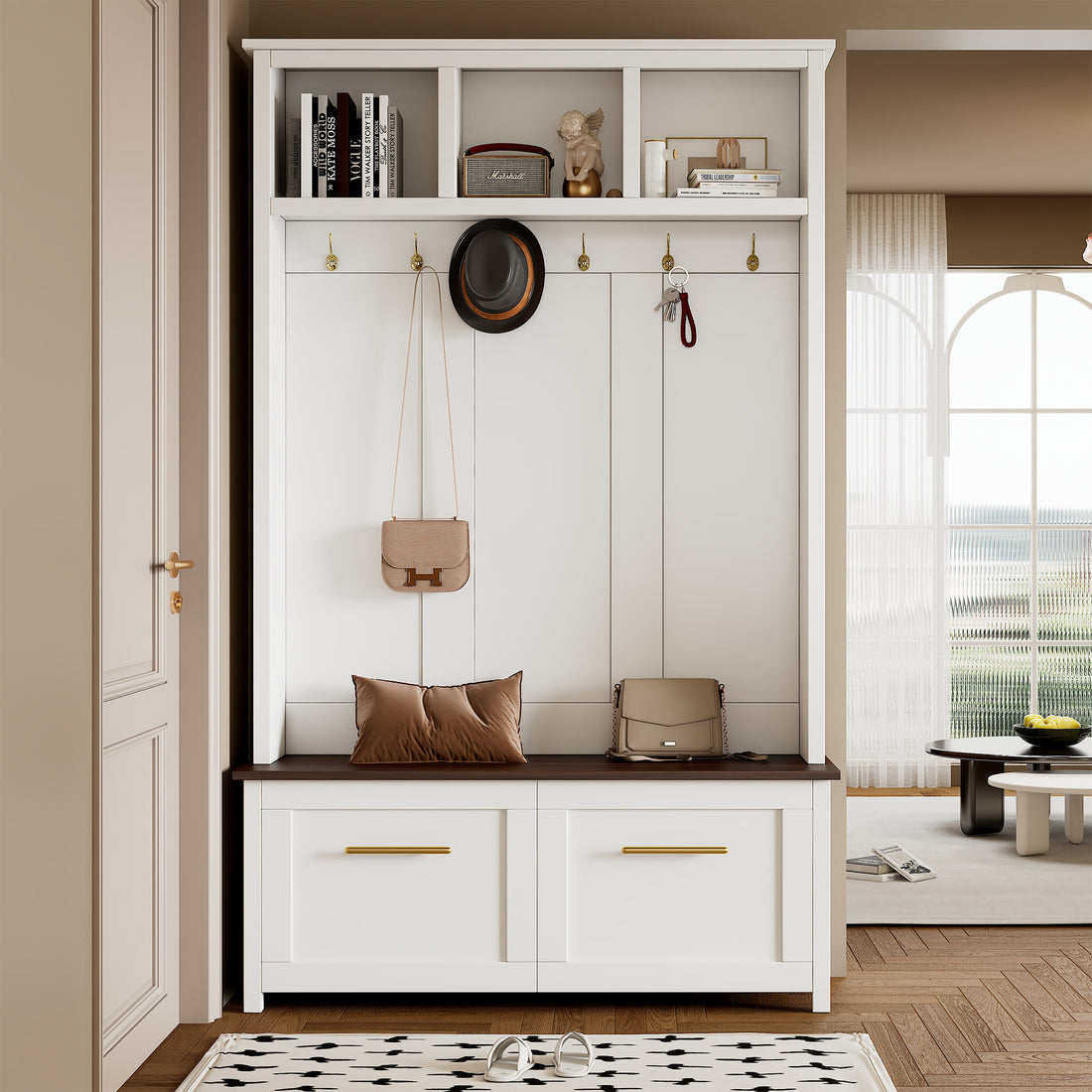 Versatile 4 In 1 Hall Tree With 6 Golden Hooks, Brown Wood Grain Bench With Multiple Storage Space, Entryway Coat Rack With 2 Drawers For Living Room, Hallway, White, 47.2''W*76.6''H White Primary