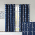 Total Blackout Metallic Print Grommet Top Curtain Panel Only 1 Pc Panel Navy Silver Polyester