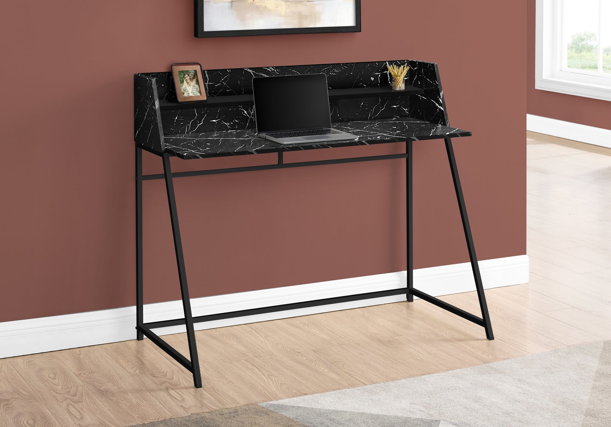 Computer Desk, Home Office, Laptop, Storage Shelves, 48"L, Work, Black Marble Look Laminate, Black Metal, Contemporary, Modern Black Particle Board