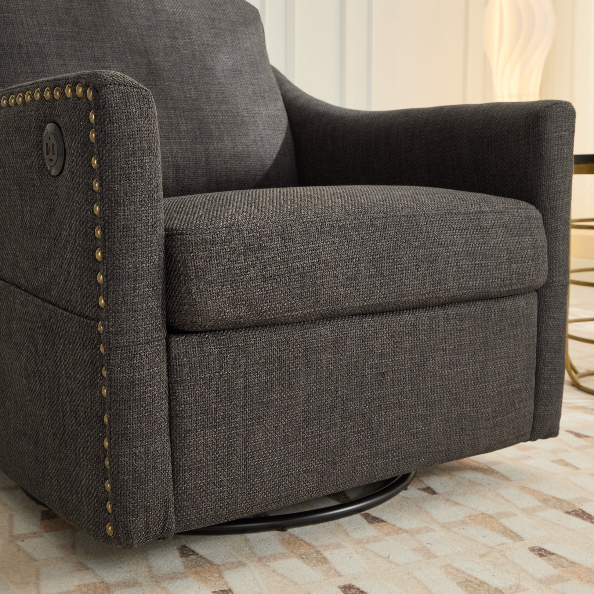 Dark Grey 360 Degree Swivel Rotating Accent Chair With Usb And Magazine Book For Living Room And Hotel Bed Room,Upholstered Accent Chair With Cooper Nail Dark Grey White Primary Living Space American Design,Classic,Modern Pine Foam Wood Fabric