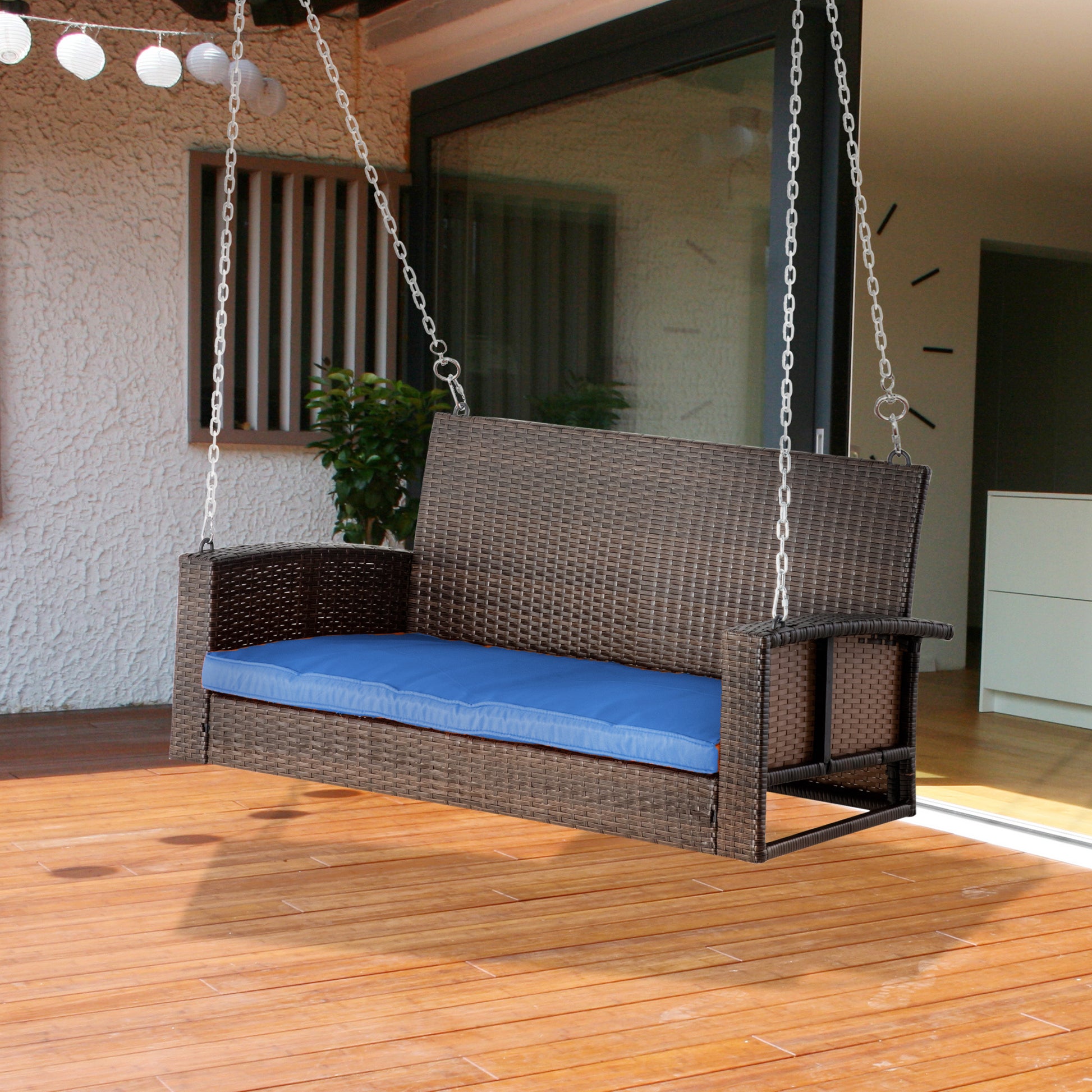 Outsunny 2 Person Wicker Hanging Swing Bench, Front Porch Swing Outdoor Chair With Cushions 550 Lbs. Weight Capacity For Backyard, Garden, Blue Blue Rattan Metal