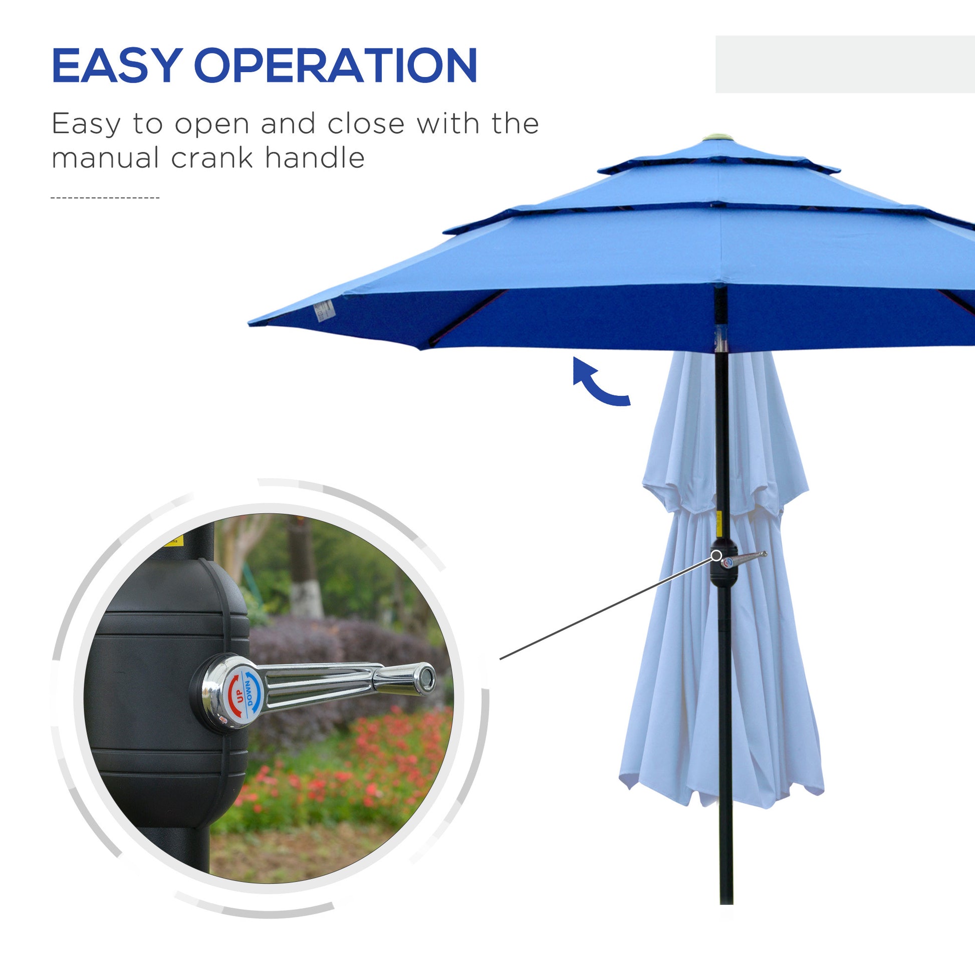 Outsunny 9Ft 3 Tiers Patio Umbrella Outdoor Market Umbrella With Crank, Push Button Tilt For Deck, Backyard And Lawn, Dark Blue Blue Polyester