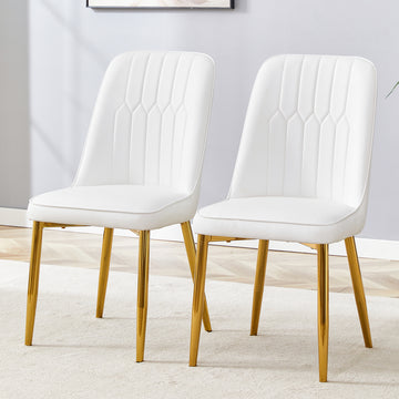 2 Modern Dining Chairs, Sleek Pu Leather Backrest, And Gold Metal Legs Bring A Comfortable Home Experience To The Kitchen, Bedroom, And Office. White Pu