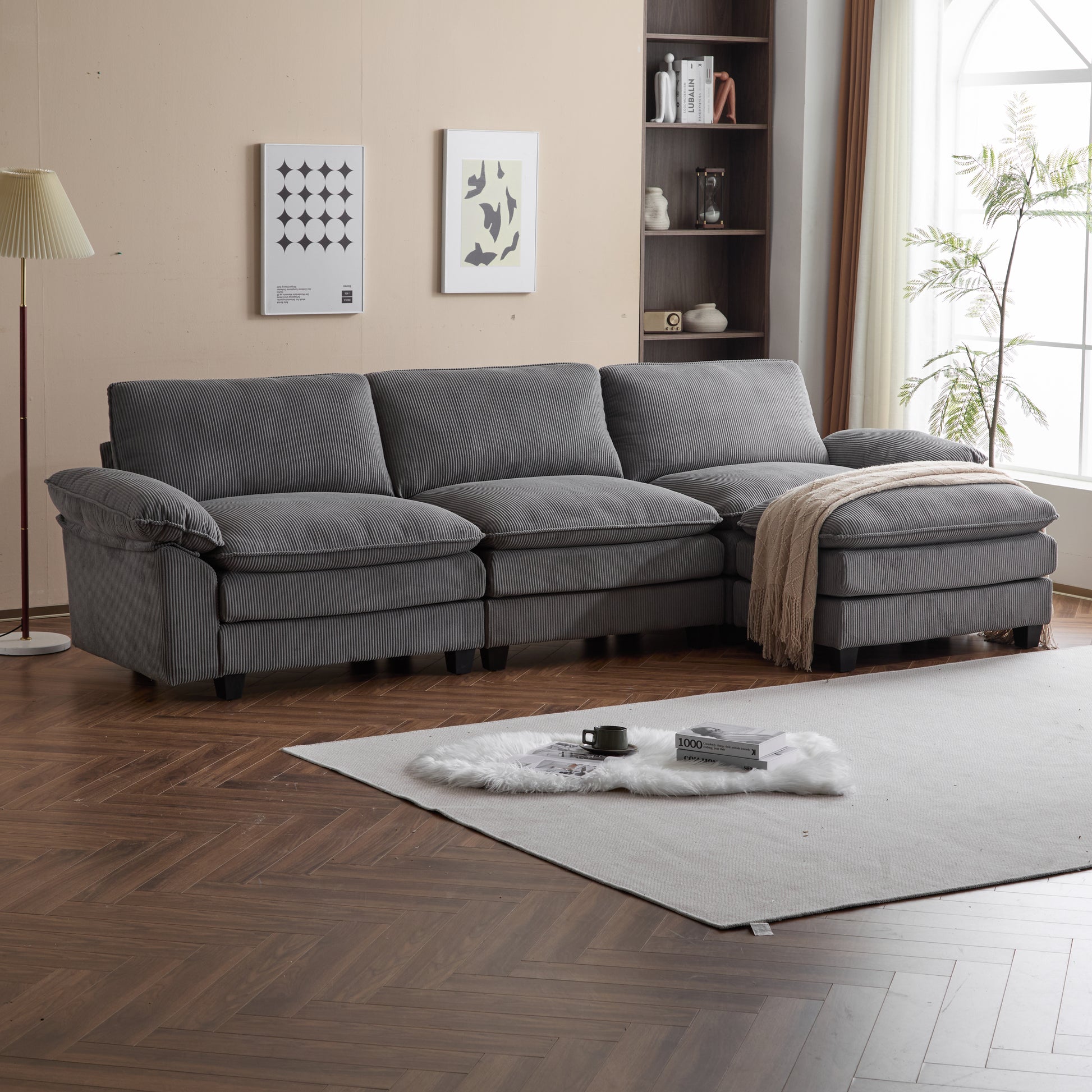 Modular Sectional Sofa With Movable Ottoman,L Shaped Corduroy Fabric Couch With High Supportive & Soft Sponges And Removable Ottoman, Sleeper Comfy Upholstered Furniture For Living Room Grey Grey