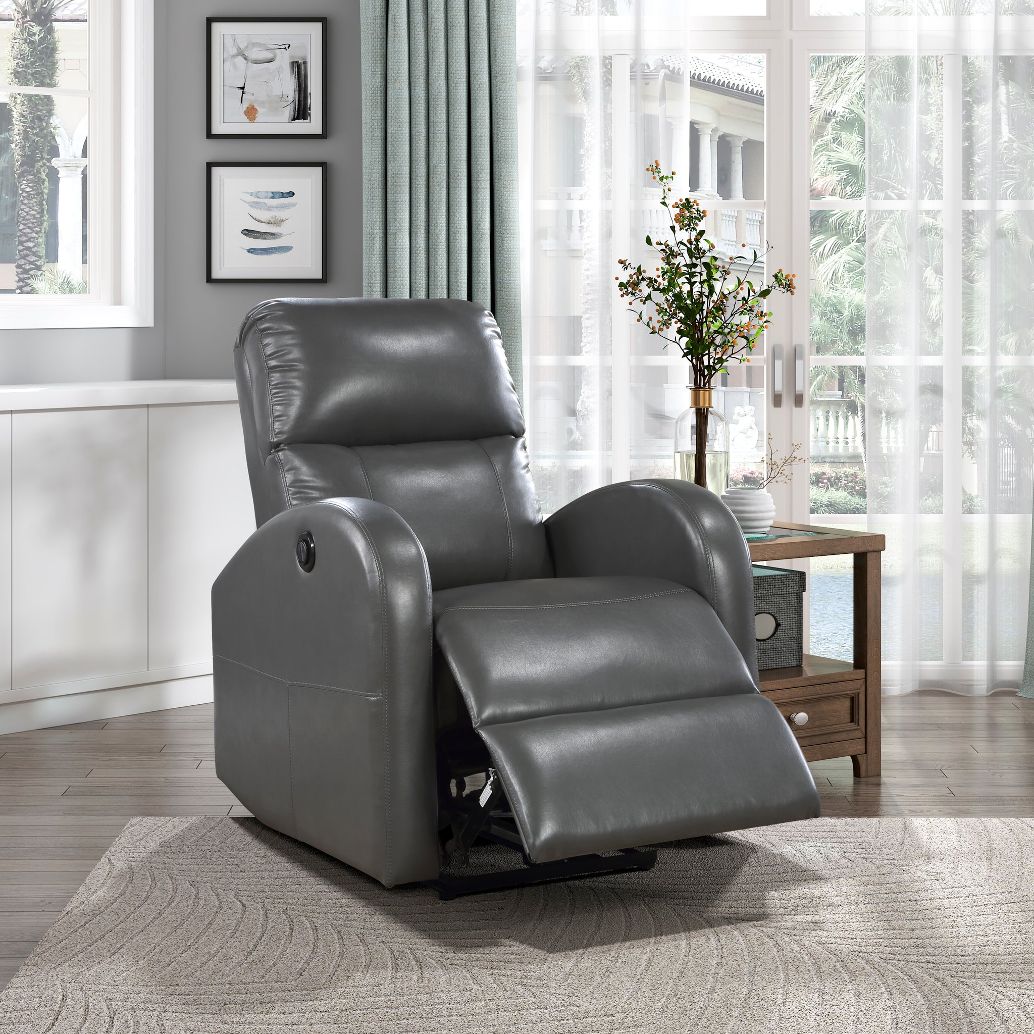 Power Reclining Chair 1Pc Gray Faux Leather Upholstered Modern Contemporary Power Motion Reclining Gray Faux Leather Primary Living Space Wood