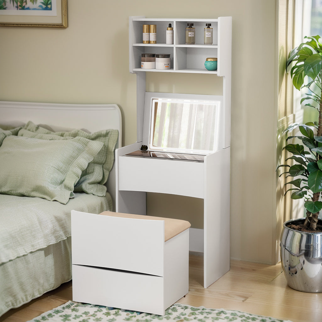 Dressing Table With Flip Top Led Illuminated Mirror, Vanity Table With Internal Storage Area, Makeup Vanity Dressing Table With Removable Upholstered Stool, Practical And Space Saving, Bedroom, White White Bedroom Mdf