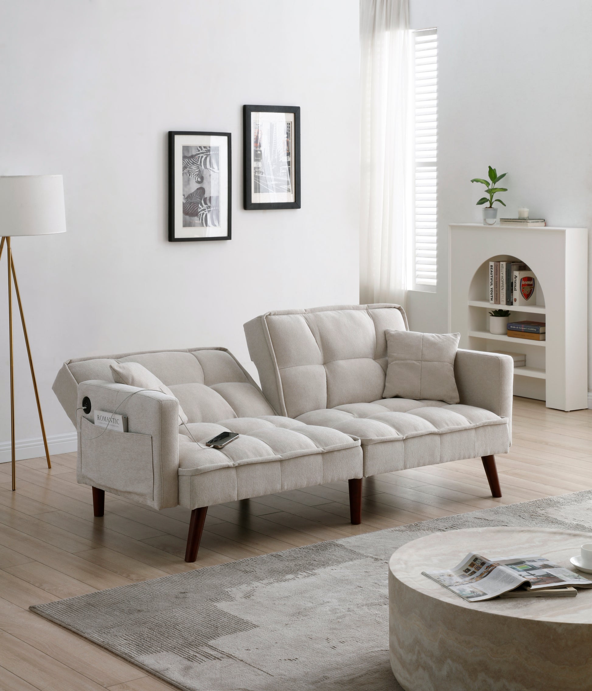 Sofa Bed Sleeper, Usb Charging Port, Chenille Fabric Folding Futon Recliner For Living Room Furniture Apartment Bedroom Office Small Spaces Beige Brown Chenille Wood Primary Living Space Medium Soft Tufted Back Modern Rubberwood Foam Solid Wood 2 Seat