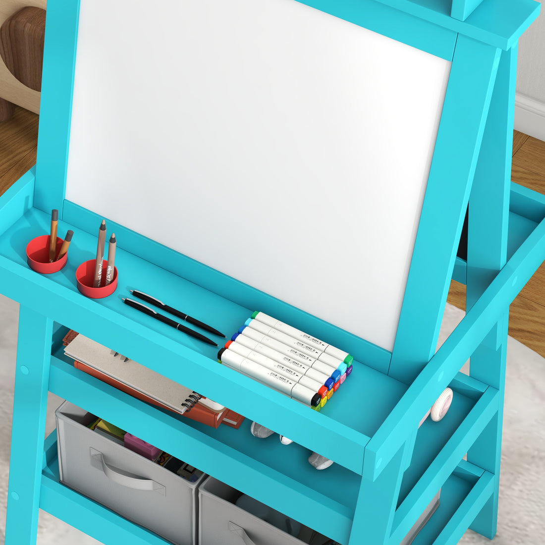 Qaba Easel For Kids, Double Sided Kids Art Easel With Paper Roll, Magnetic Whiteboard, Chalkboard & Storage, Standing Toddler Easel For Painting & Drawing, Gift For Boys, Girls Ages 3 6 Years, Blue Blue Mdf