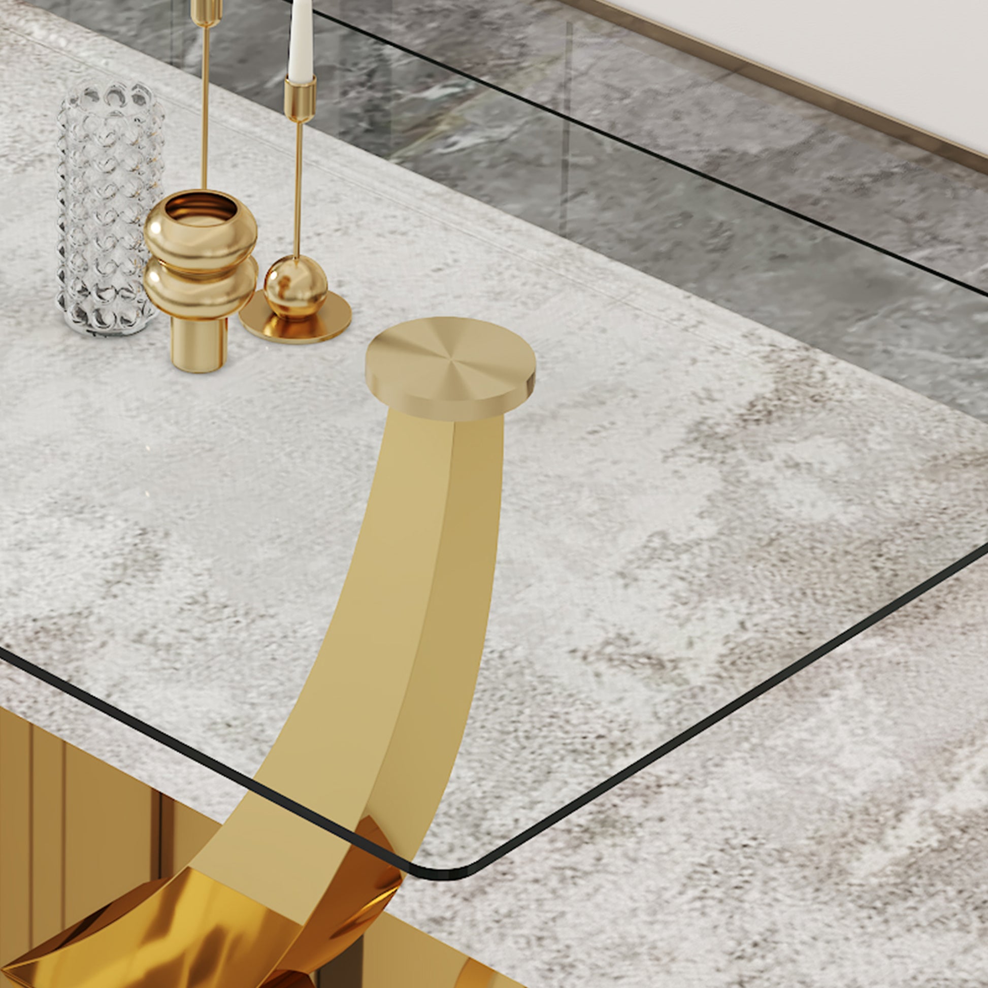 Table And Chair Set.Modern Rectangular Dining Table With Transparent Tempered Glass Tabletop And Gold Plated Metal Legs.Paried With 8 Comfortable Chairs With Pu Seats And Golden Metal Legs. Transparent,White Gold Seats 8 Glass Metal