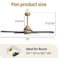 52 Inch Ceiling Fan With Dimmable Led Light 5 Solid Wood Blades Smart Remote Control Reversible Dc Motor Ceiling Fan Gold Metal & Wood