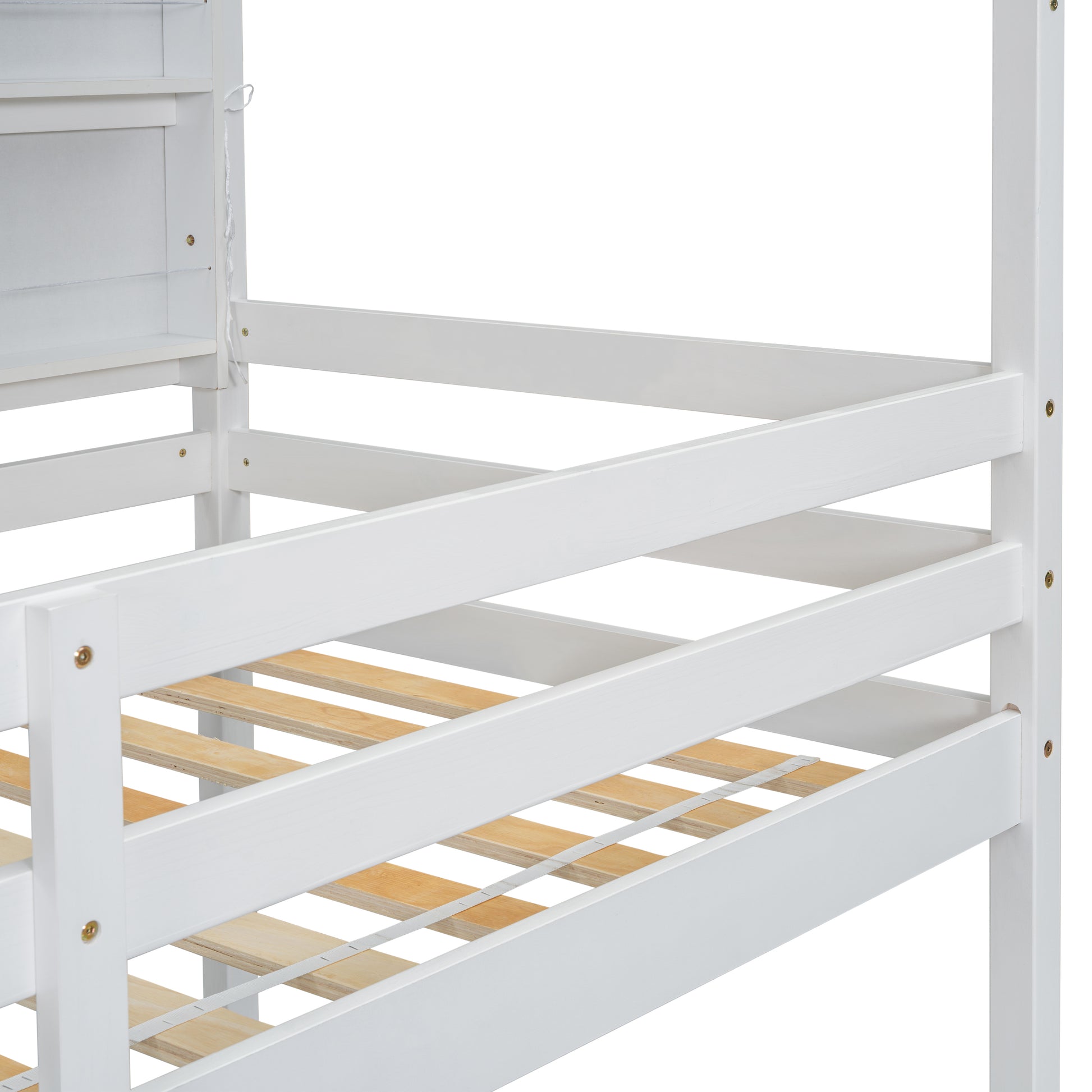 Twin House Loft Bed With Guardrails, Semi Enclosed Roof, Bedside Shelves And Ladder, White Twin White Bedroom American Design Pine Pine