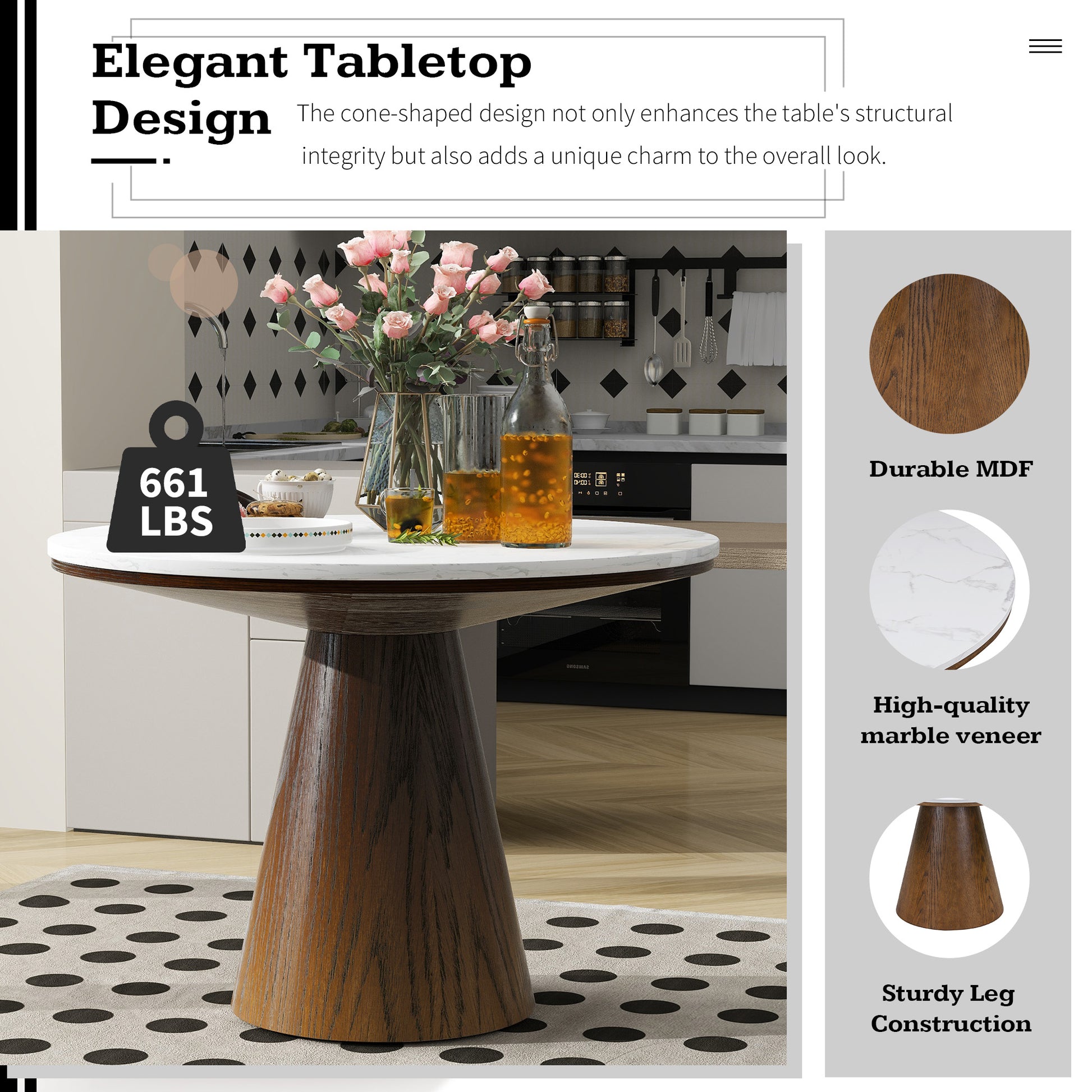 Retro Round Dining Table Minimalist Elegant Table For Living Room, Dining Room White Brown Brown White Rubber Wood