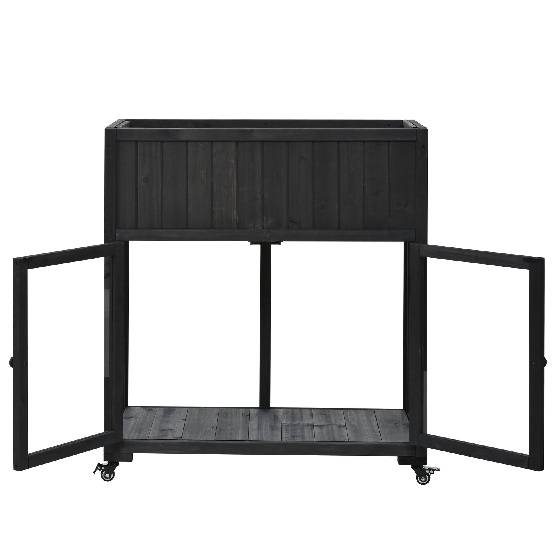 Patio 35.4''X17.7''X37.4'' Mini Wood Cold Frame, Compact 2 Doors Garden Greenhouse With Wheels, Raised Bed With Liner For Indoor Outdoor Use, Black Black Garden & Outdoor Casual Wood