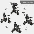 Qaba Kids Tricycle 4 In 1 Trike With Reversible Seat, 2.8' 3.1' Height Push Handle, Canopy, Handrail, Safety Belt, Storage Footrest Brake Clutch, For 1 5 Years Old, Black Black Plastic