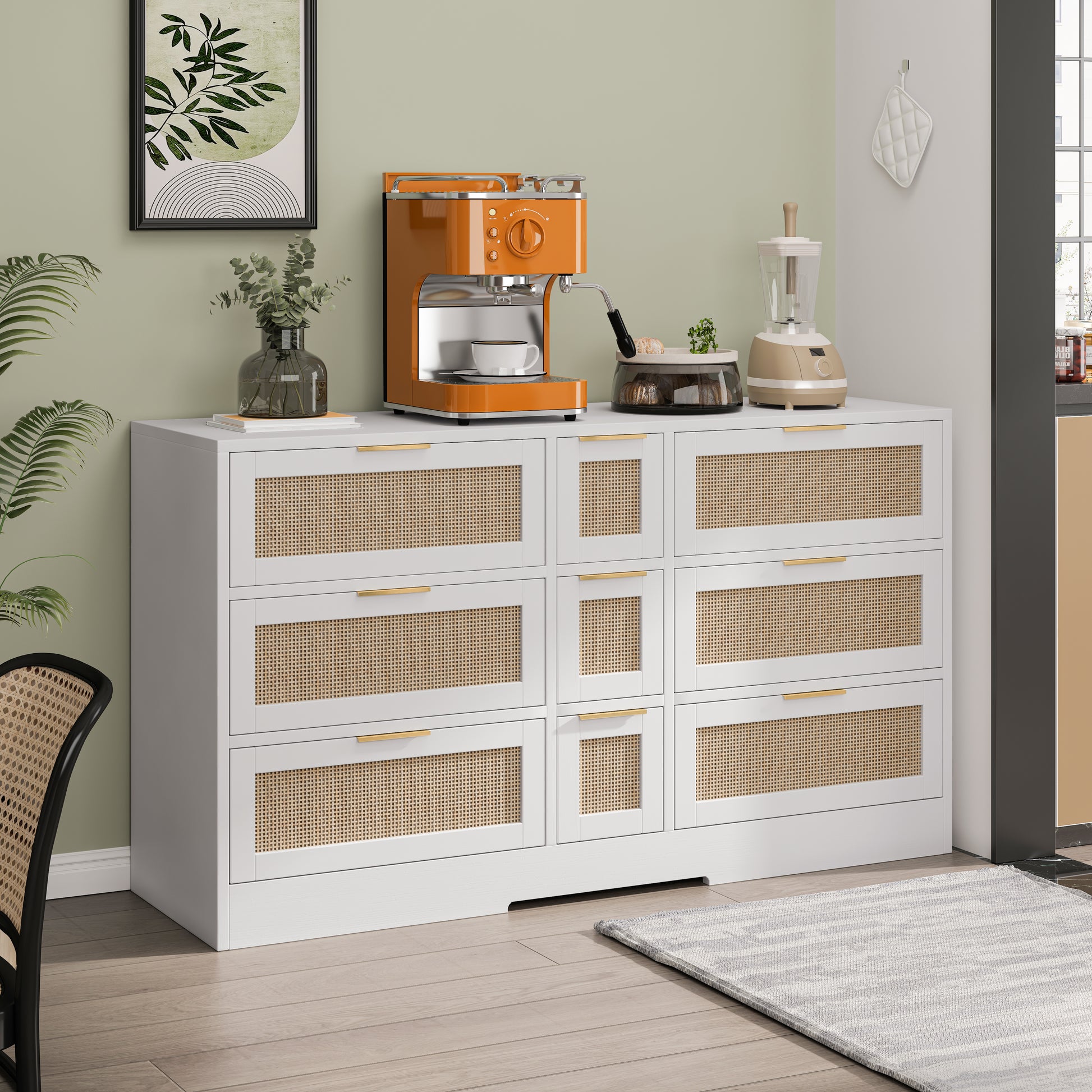 51.2 "Rattan Locker With Drawers, 9 Drawers, Metal Handles For Kitchen, Living Room, Bedroom White White Mdf