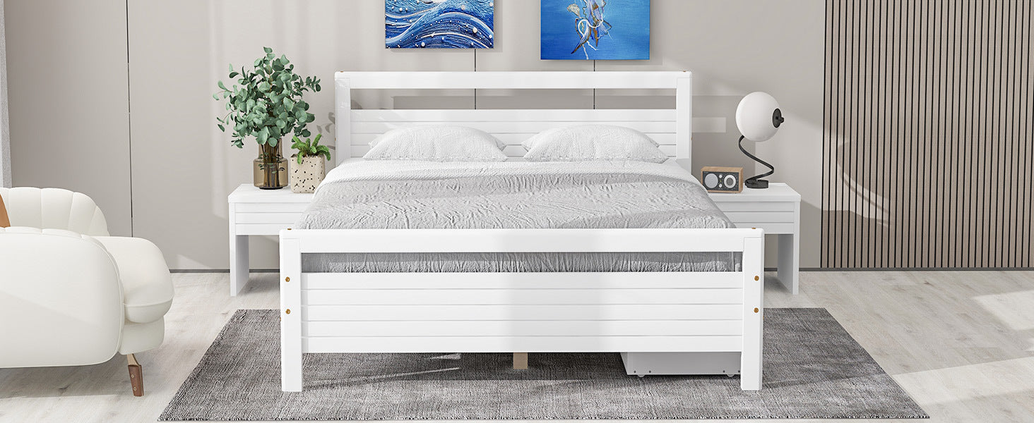 Queen Size Wooden Platform Bed With 2 Storage Drawers And 2 Bedside Tables, White Queen White Pine