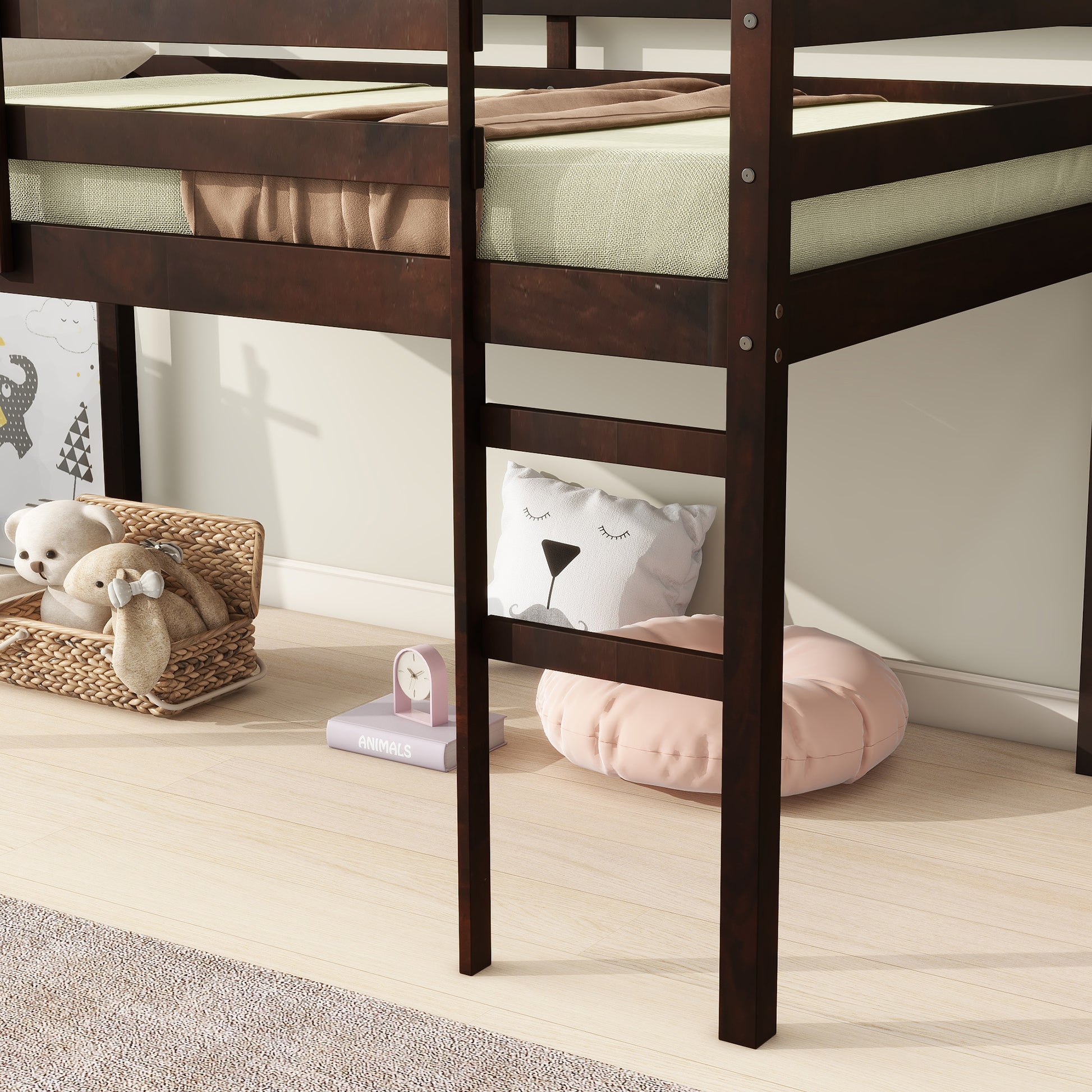 Solid Wooden, Rubber Wooden Twin Loft Bed With Ladder, Bed Platform Of Strengthened Slatsespresso Twin Espresso Rubber Wood