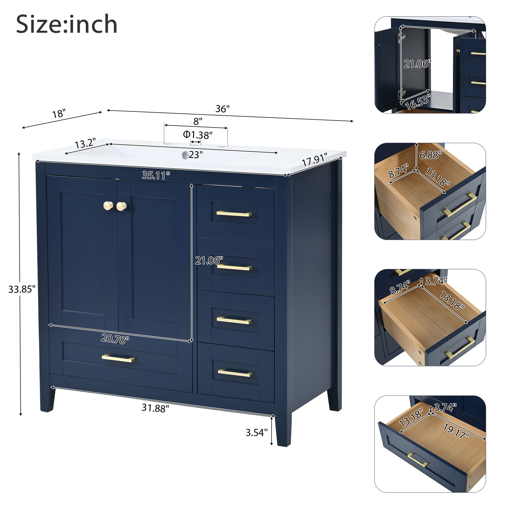 36'' Bathroom Vanity With Sink Combo Set, Modern Bathroom Cabinet With 4 Drawers, Freestanding Wood Bathroom Vanity Set With Solid Wood Feet, Blue 4 Blue 2 Adjustable Hinges Bathroom Freestanding Modern Solid Wood Mdf Resin Painted