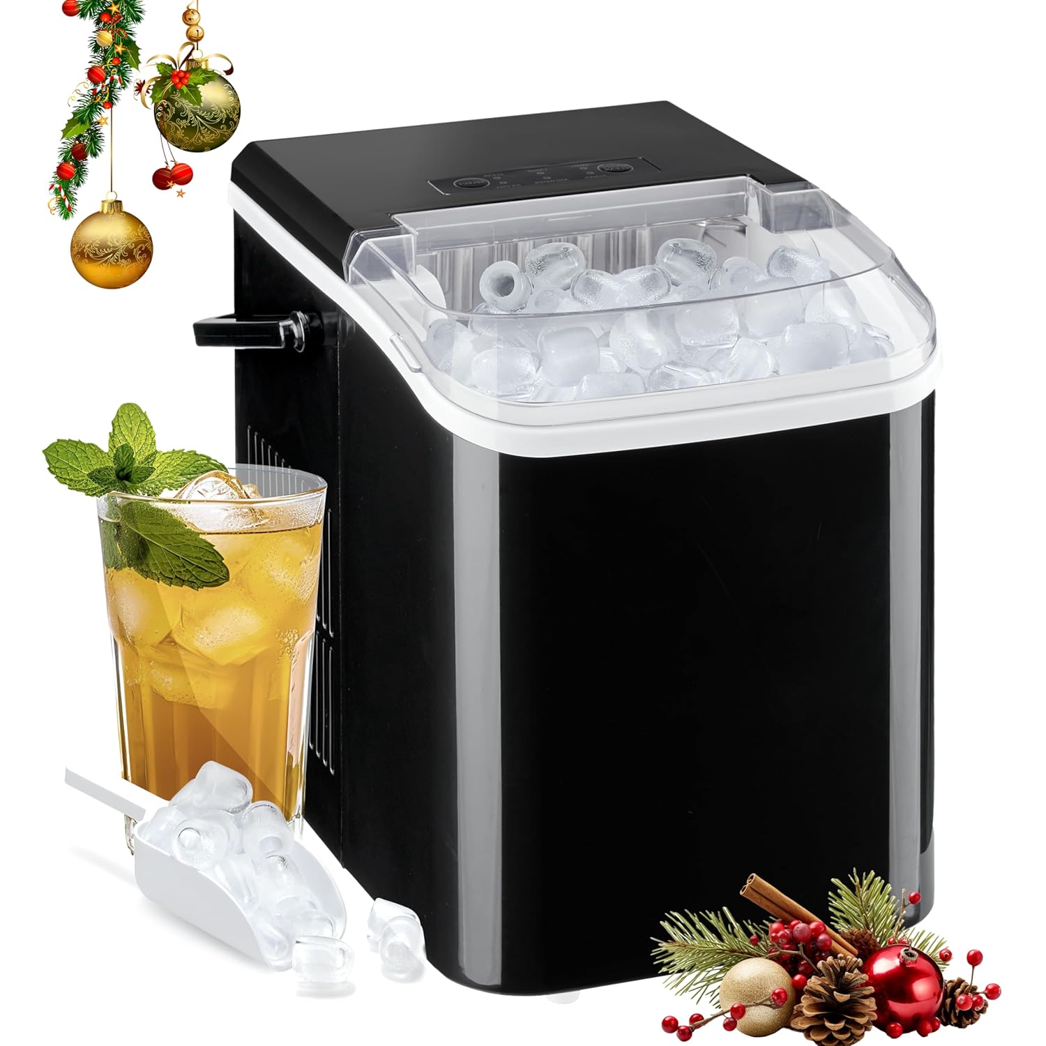 Countertop Ice Maker Machine, Fast Making 9 Ice Cubes In 6 Minutes, Self Cleaning With Scoop, Basket & Handle, 26.5Lbs 24Hrs, 2 Sizes Bullet Ice, Portable For Kitchen, Office, Party, Black Black