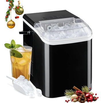 Countertop Ice Maker Machine, Fast Making 9 Ice Cubes In 6 Minutes, Self Cleaning With Scoop, Basket & Handle, 26.5Lbs 24Hrs, 2 Sizes Bullet Ice, Portable For Kitchen, Office, Party, Black Black