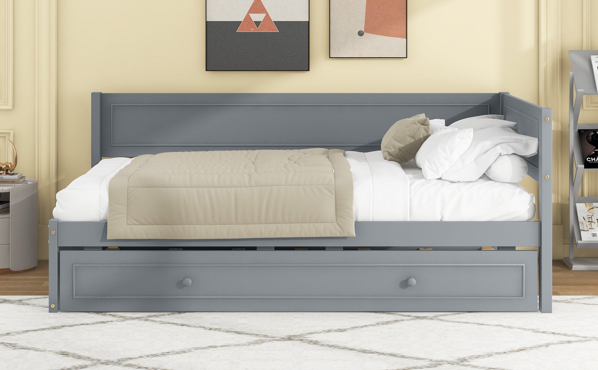 Twin Size Wood Daybed With Trundle And Guardrail, Gray Box Spring Not Required Gray Wood Solid Wood Mdf