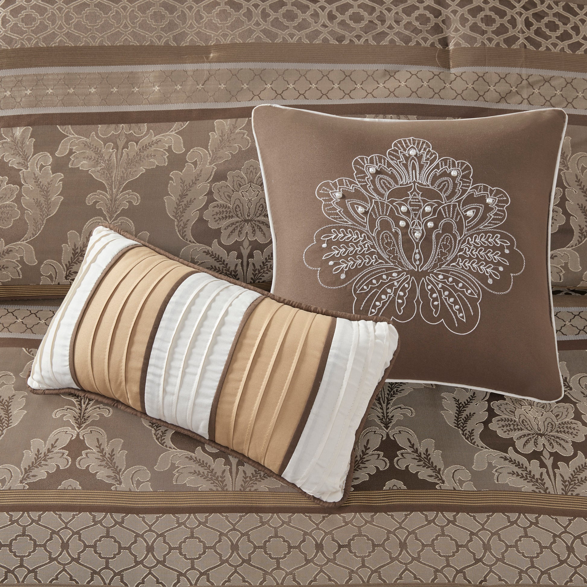 7 Piece Jacquard Comforter Set Brown Gold Cal King California King Brown Gold Polyester