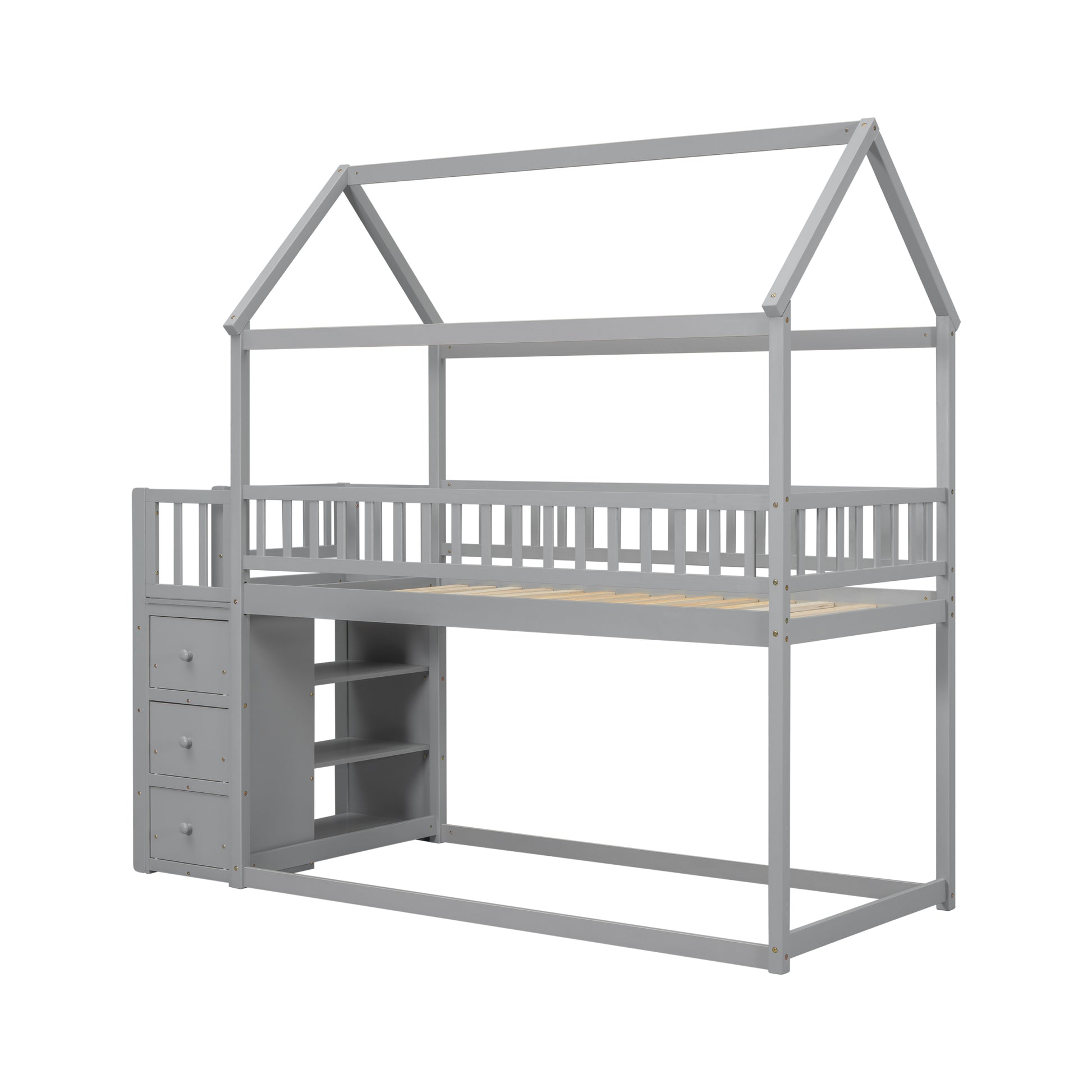 Twin Twin House Bunk Bed With Shelves And Drawers For Grey Color Box Spring Not Required Twin Grey Bedroom Bunk Pine