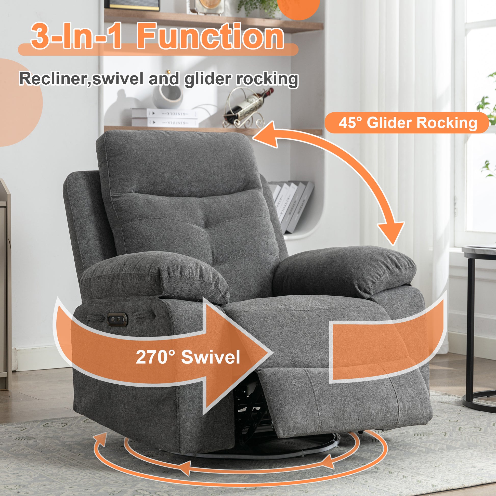 Power Recliner Glider Chair With Bluetooth Speaker 270 Degree Swivel With Led Light Side Arm With Storage Pockets Usb Type C Charging Port Button Control Retractable Footrest Adjustable Backrest Dg Dark Grey Linen Power Push Button Primary Living Space