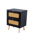 2 Drawer Rattan Nightstand For Bedroom And Living Room, End Table, Side Table With 2 Hand Made Rattan Decorated Drawers Black 2 Drawers Particle Board Mdf,Rattan