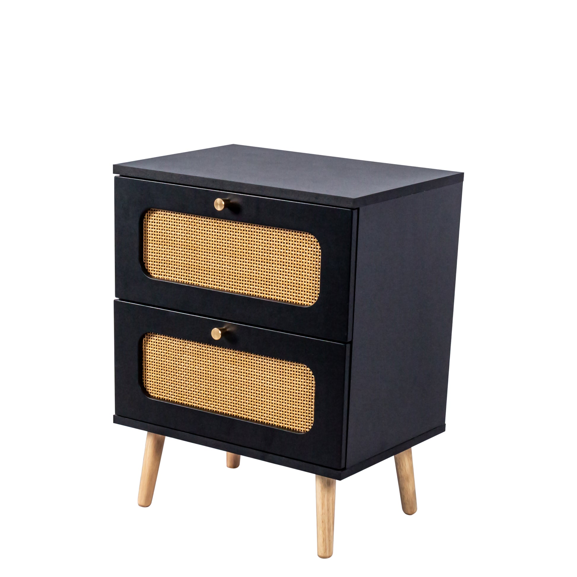 2 Drawer Rattan Nightstand For Bedroom And Living Room, End Table, Side Table With 2 Hand Made Rattan Decorated Drawers Black 2 Drawers Particle Board Mdf,Rattan