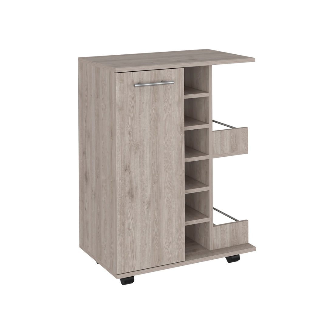 Bar Cart, Four Casters, Single Door Cabinet, Two External Shelves, Light Gray Beige Particle Board Particle Board