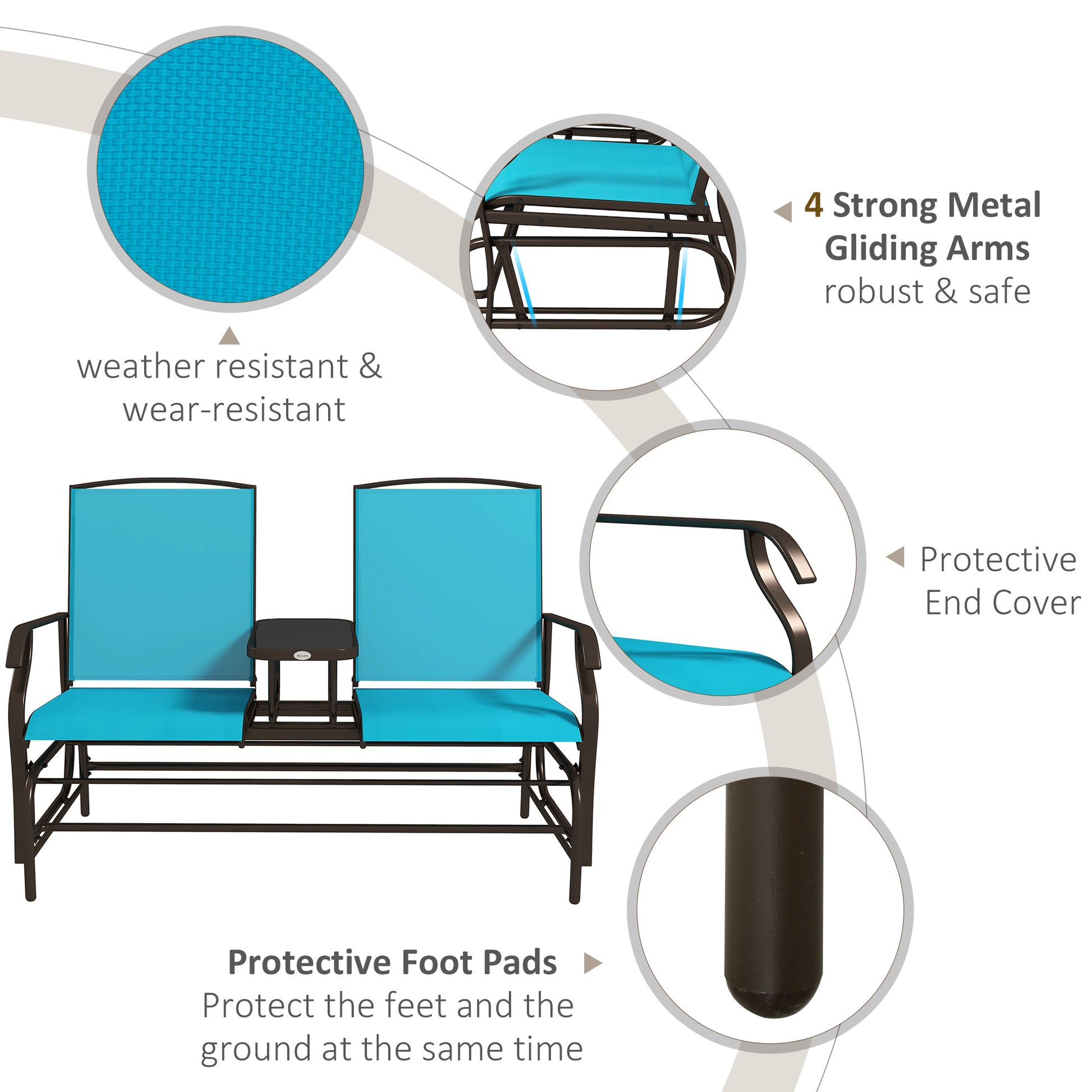 Outsunny Outdoor Glider Bench With Center Table, Metal Frame Patio Loveseat Withmesh Fabric And Armrests For Backyard Garden Porch, Blue Blue Steel