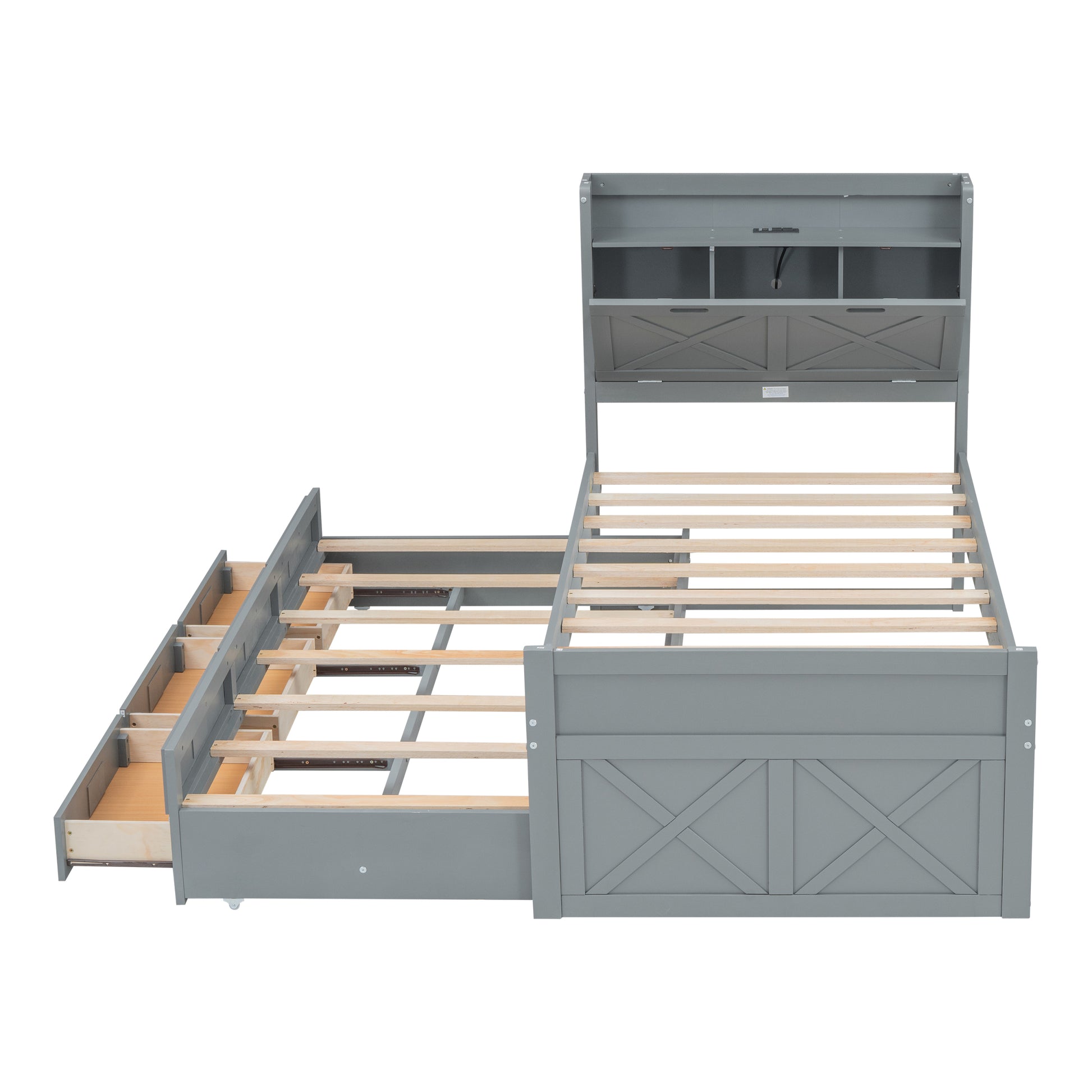 Twin Size Wooden Bed With Storage Headboard With Outlets, Extendable Bed With Twin Size Trundle With Three Storage Drawers,Gray Expected Arrival Time:8.23 Twin Gray Wood