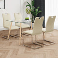 Modern Simple Rectangular Glass Dining Table, Solid Tempered Glass Countertop, Wood Transfer Metal Table Legs, Light Yellow Pu Dining Chair Set, Suitable For Restaurant Kitchen Use Set Of 5 Upholstered Chair Glass Light Yellow Seats 4 Metal Rectangular