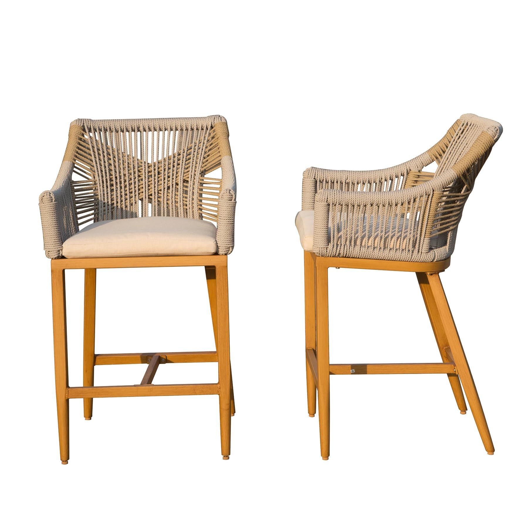 Bar Stools Set Of 2, Outdoor Counter Height Bar Chairs With Arm And Backrest, Aluminum Tall Bar Stools With Cushion Modern Textilene Rope Boho Barstools For Garden, Pool, Patio, Kitchen Square Backres Yes Khaki Garden & Outdoor 2 Person Seating Group