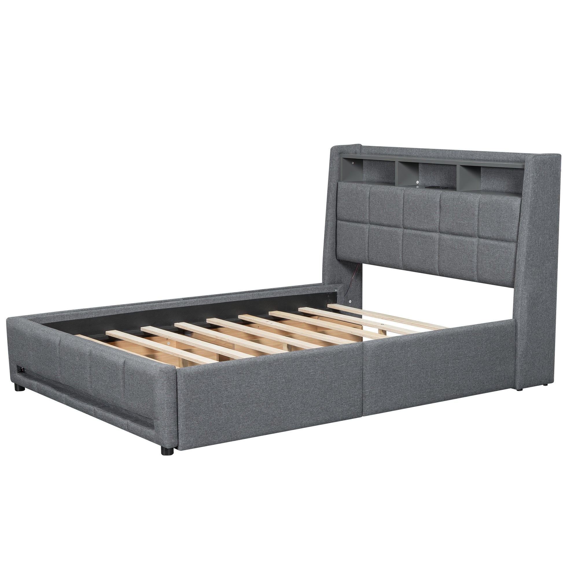 Full Size Upholstered Platform Bed With Storage Headboard, Led, Usb Charging And 4 Drawers, Gray Full Box Spring Not Required Gray Wood Linen Upholstered