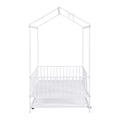 Twin Size Metal House Bed With Fence, With Trundle, White Twin White Metal