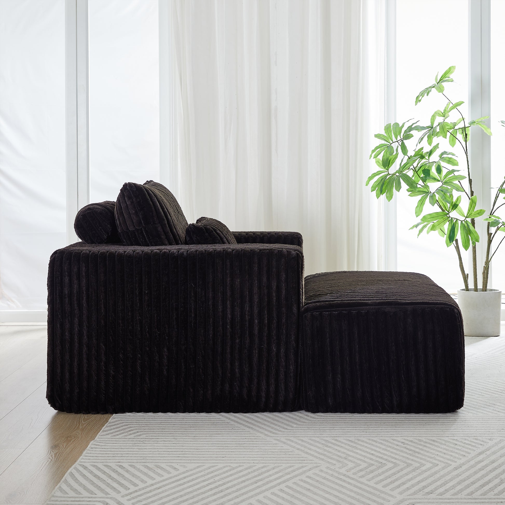 62.5 Inch Corduroy Sponge Sofa Lounge Chair With Removable Footrest,No Assembly Required,Fluffy Modern Sleeper Chair For Indoor Living Room Bedroom Black Foam Corduroy 1 Seat