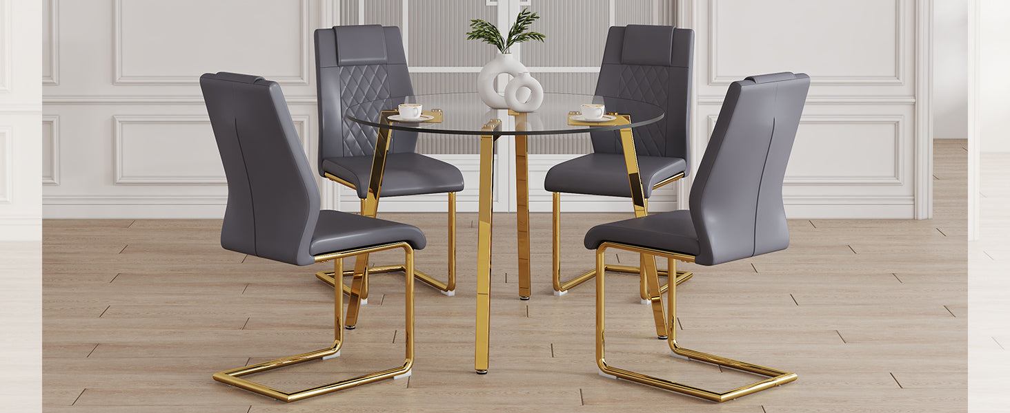 Table And Chair Set.A Modern Minimalist Style Round Clear Tempered Glass Table With Metal Legs.Paried With Dark Gray Chairs With Modern Pu Leather High Back Upholstered And C Tube Golden Legs. Dark Gray,Transparent Seats 4 Glass